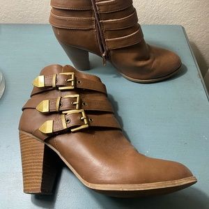 Brown leather buckled booties